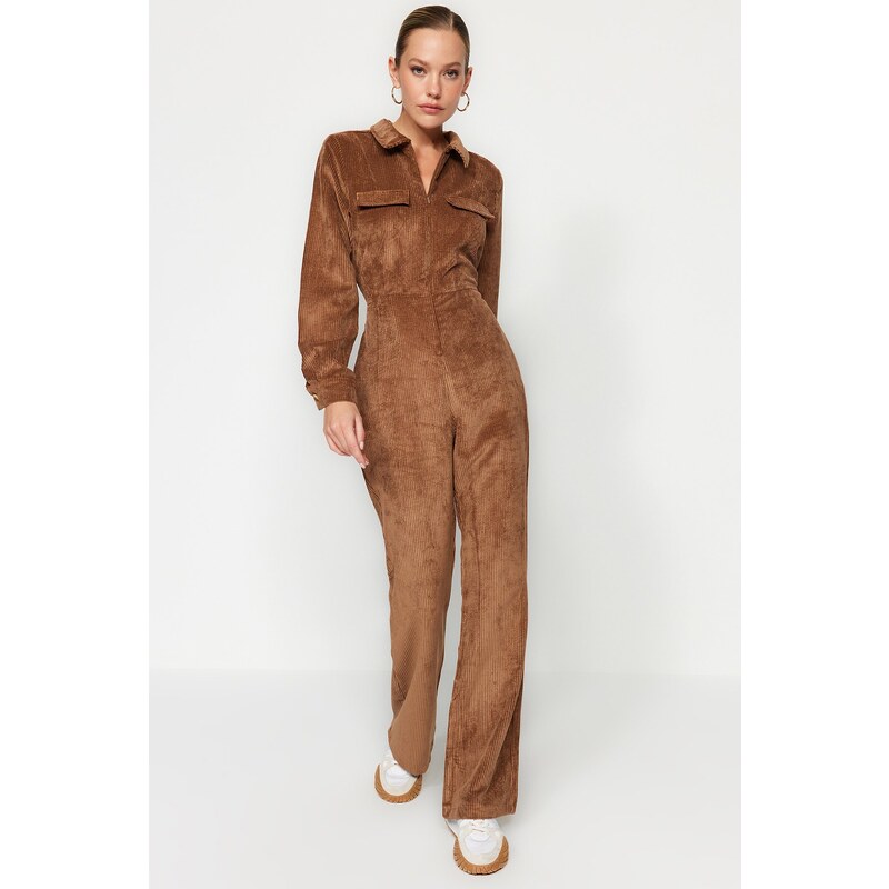 Trendyol Brown Velvet Woven Jumpsuit