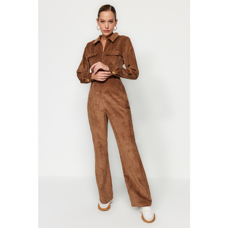 Trendyol Brown Velvet Woven Jumpsuit