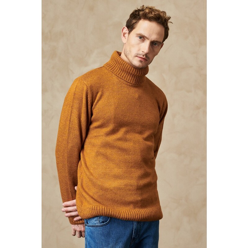 ALTINYILDIZ CLASSICS Men's Mustard Standard Fit Regular Fit Full Turtleneck Raised Soft Textured Knitwear Sweater