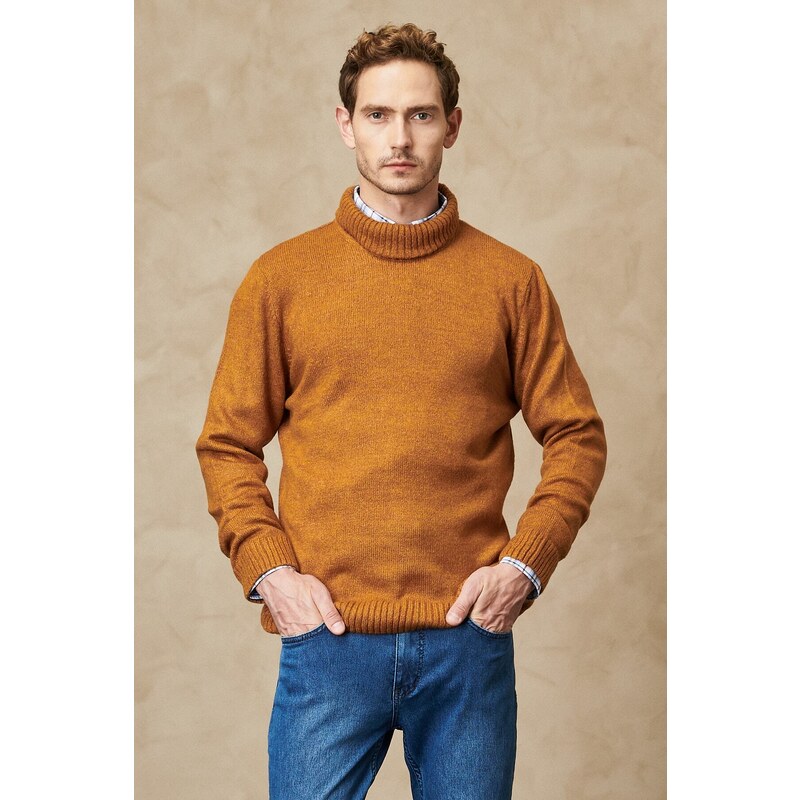 ALTINYILDIZ CLASSICS Men's Mustard Standard Fit Regular Fit Full Turtleneck Raised Soft Textured Knitwear Sweater