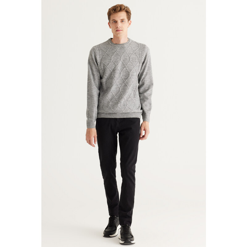 ALTINYILDIZ CLASSICS Men's Gray Melange Standard Fit Normal Cut Crew Neck Raised Soft Textured Knitwear Sweater