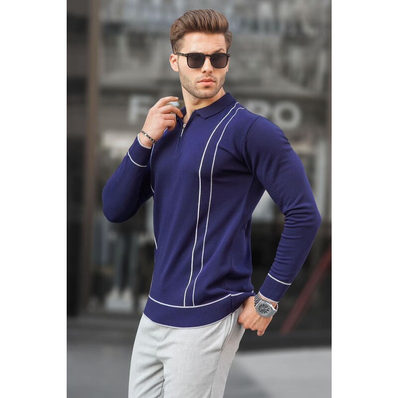 Madmext Navy Blue Zippered Polo Neck Knitwear Men's Sweater 6823