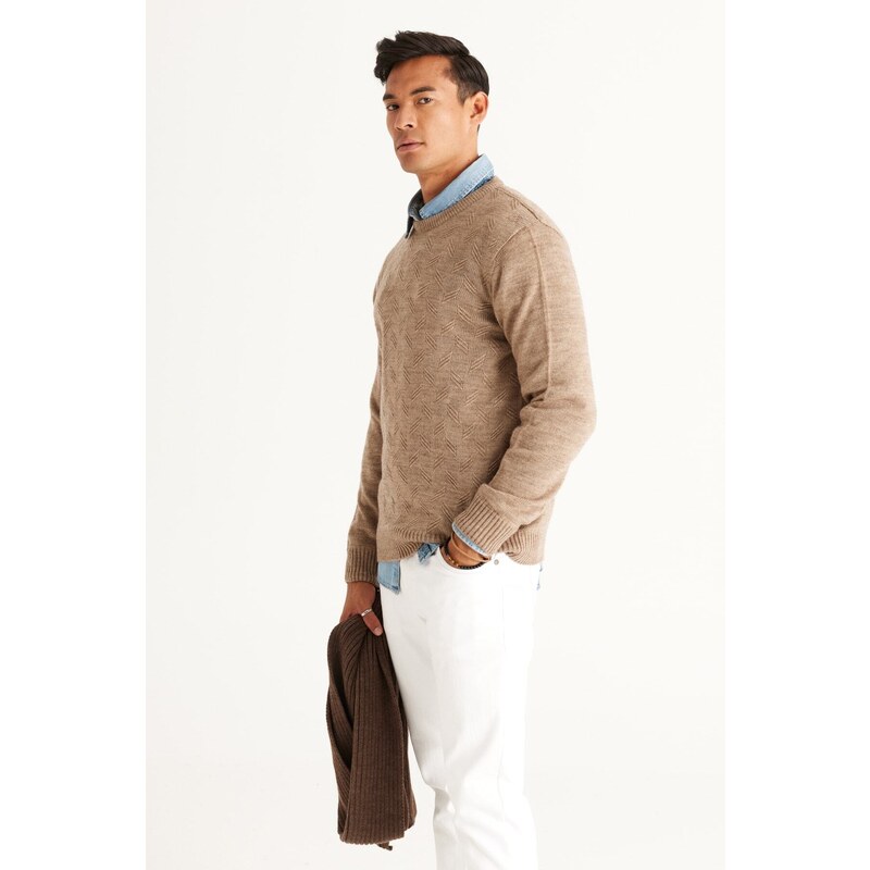 AC&Co / Altınyıldız Classics Men's Mink Standard Fit Normal Cut Crew Neck Jacquard Knitwear Sweater.