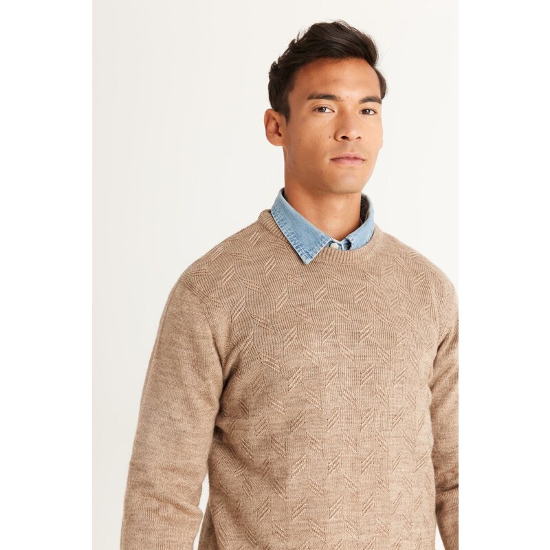 AC&Co / Altınyıldız Classics Men's Mink Standard Fit Normal Cut Crew Neck Jacquard Knitwear Sweater.