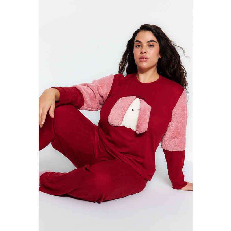 Trendyol Curve Burgundy Plush Detailed Knitted Pajamas Set