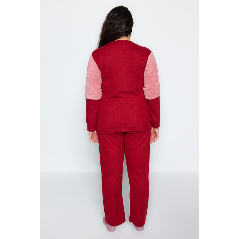 Trendyol Curve Burgundy Plush Detailed Knitted Pajamas Set