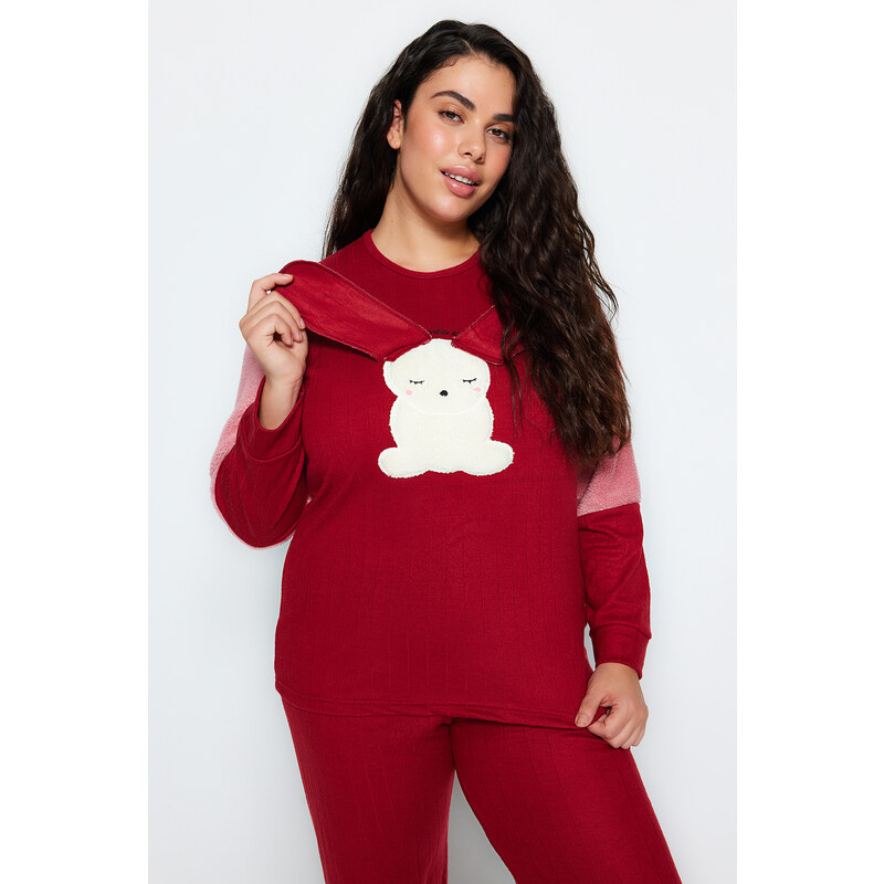 Trendyol Curve Burgundy Plush Detailed Knitted Pajamas Set