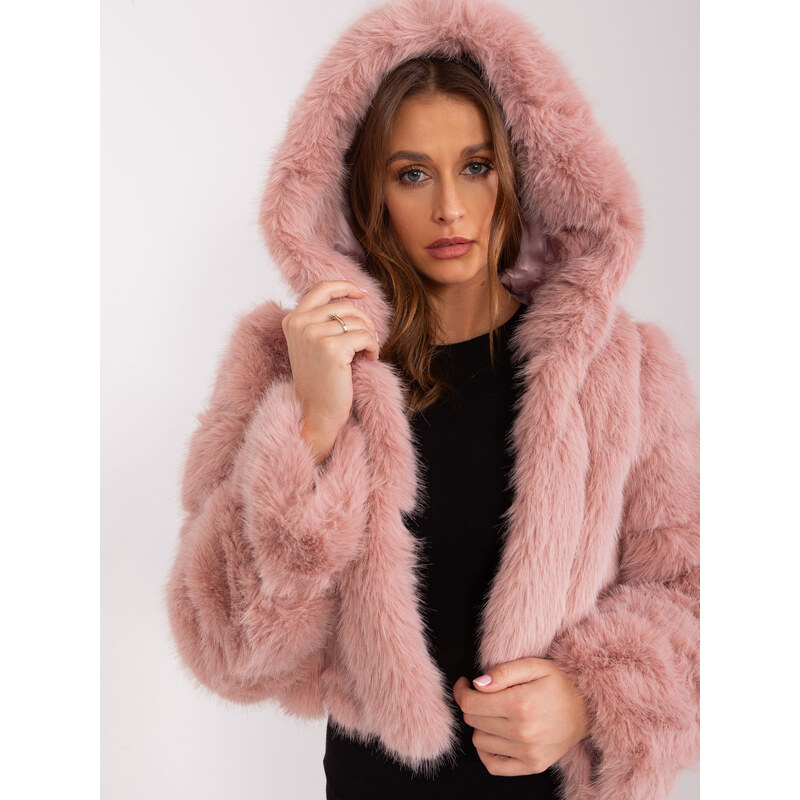 Fashionhunters Světle růžová krátká dámská kožešinová bunda
