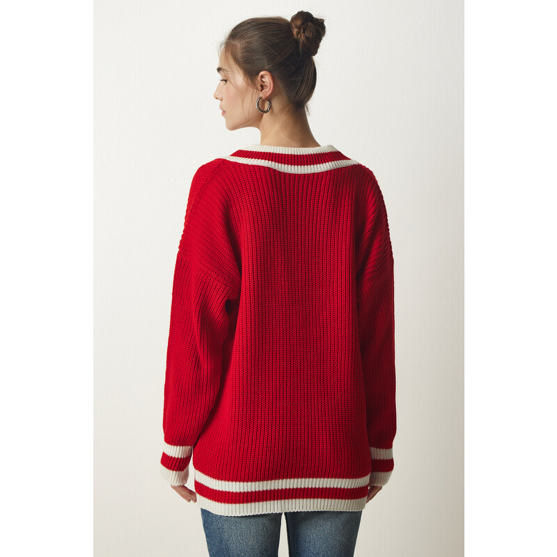 Happiness İstanbul Štěstí İstanbul Dámský červený proužek s výstřihem do V Detailní oversize pletený svetr