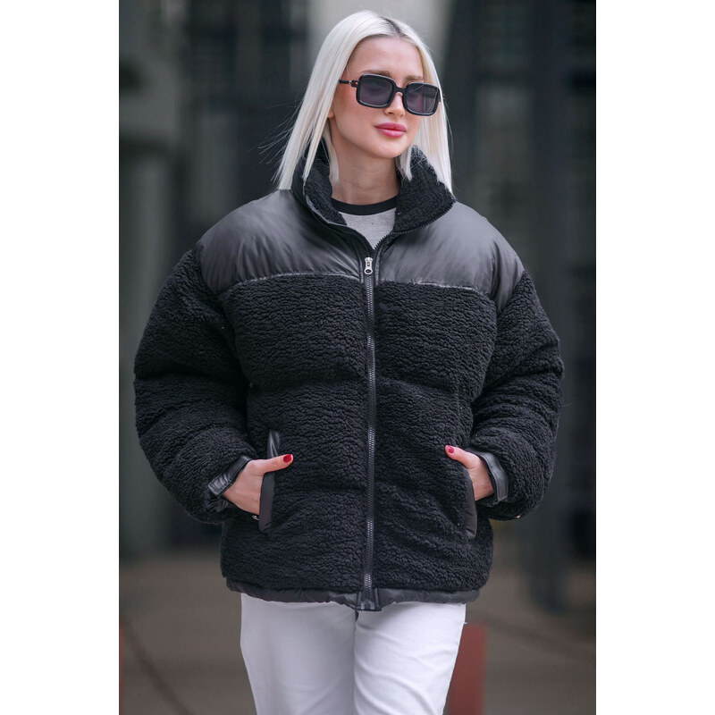 Madmext Black Plush Oversized Coat
