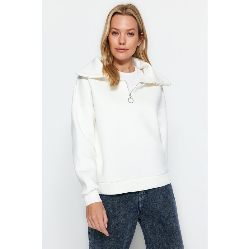 Trendyol Ecru Zipper High Neck Thick Fleece Inside Regular Fit