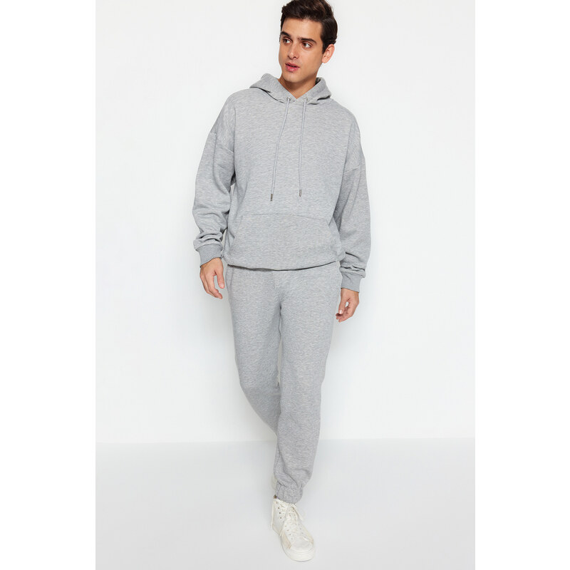 Trendyol Gray Melange Tracksuit Oversize/Wide-Cut Leg Elastic Fleece Inner