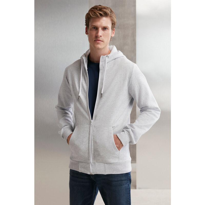 GRIMELANGE Core Men's Zipper High Collar Hooded Drawstring Fleece Light Gray Sweatshirt