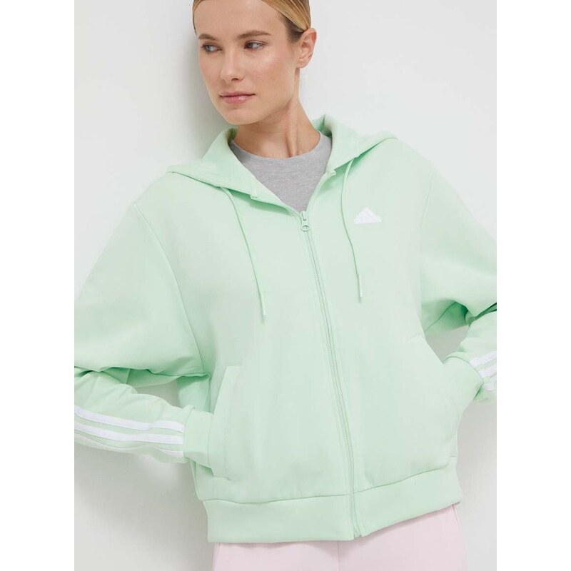 Mikina adidas dámská, zelená barva, s kapucí, s aplikací, IS3680