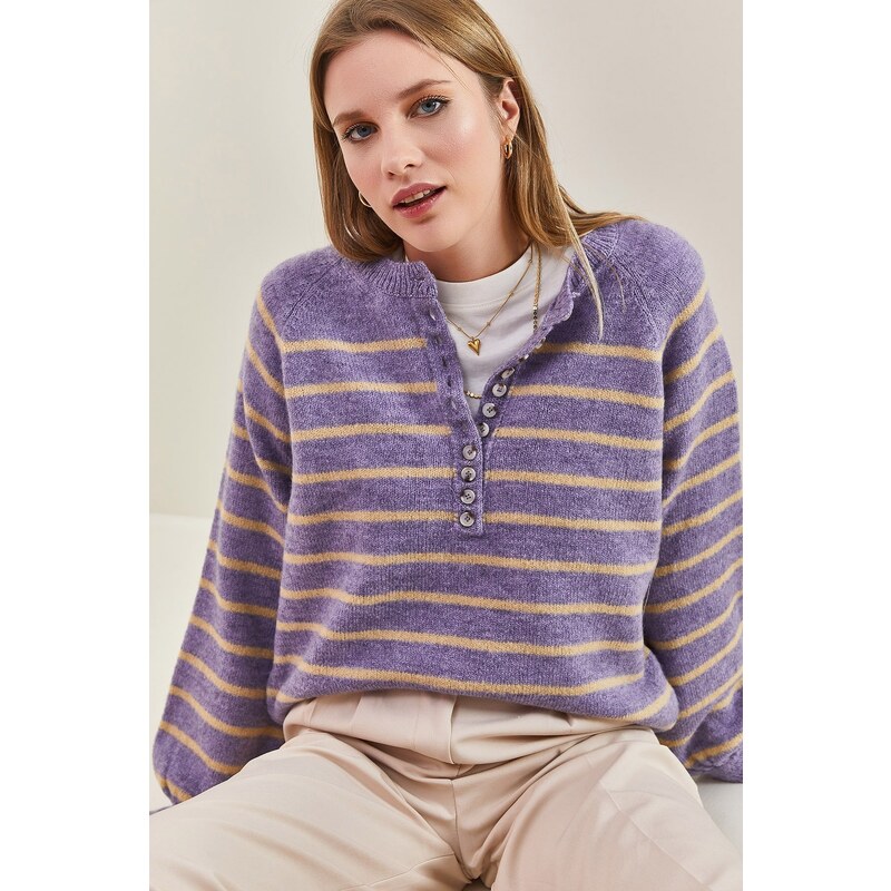 Bianco Lucci Women's Button-down Collar Turtleneck Striped Knitwear Sweater