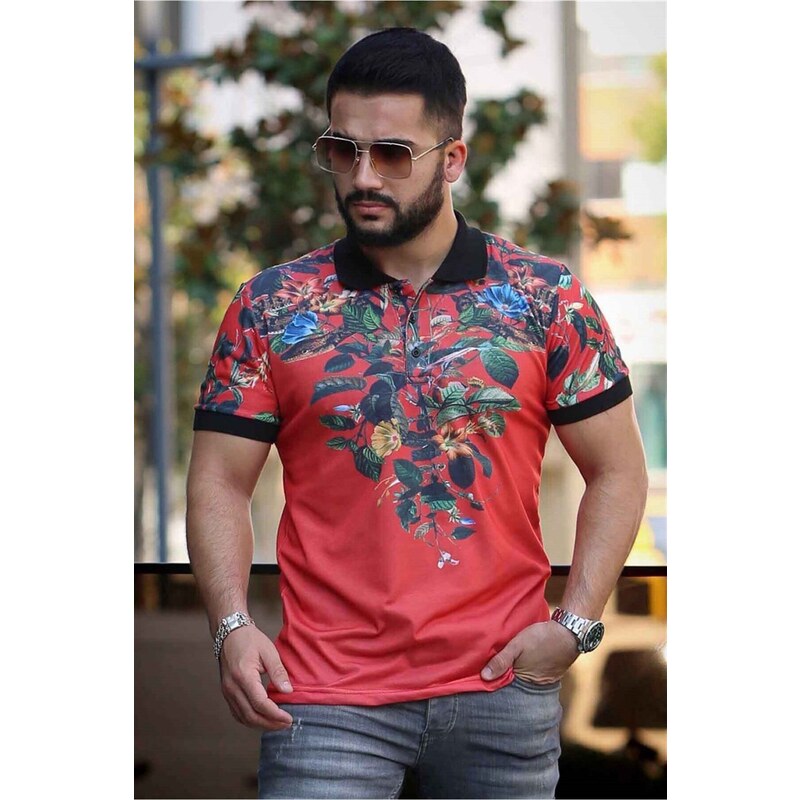 Madmext Red Flower Detailed Polo T-Shirt 2885