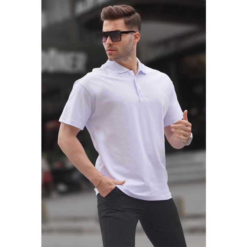 Madmext Men's White Polo Neck Basic T-Shirt 6126