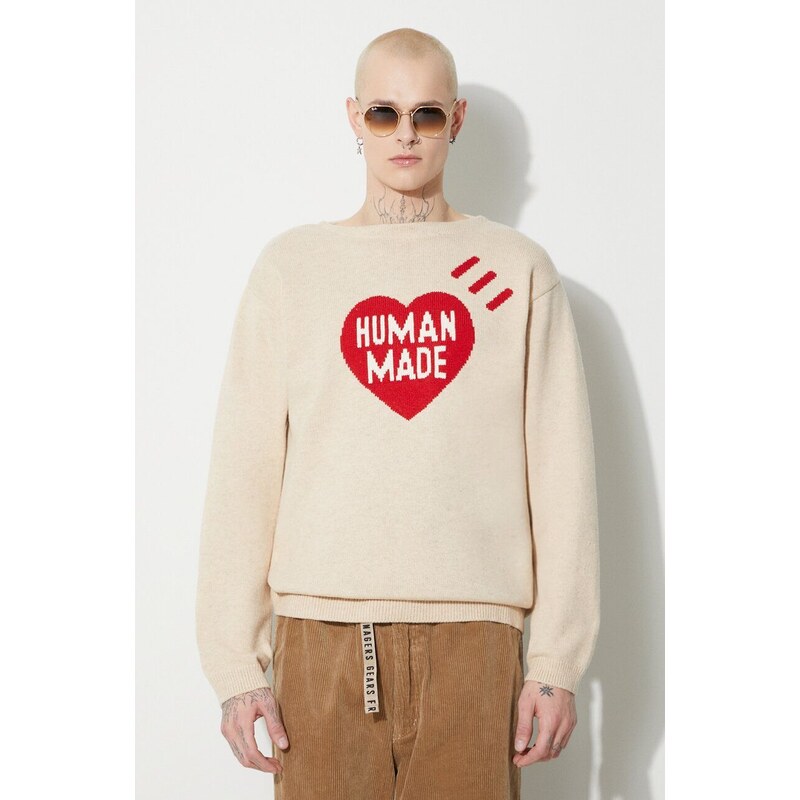 Svetr z vlněné směsi Human Made Heart Knit Sweater pánský, béžová barva, HM26CS030