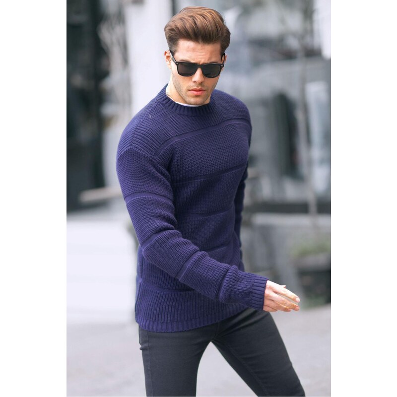 Madmext Navy Blue Crew Neck Knitted Sweater 6855