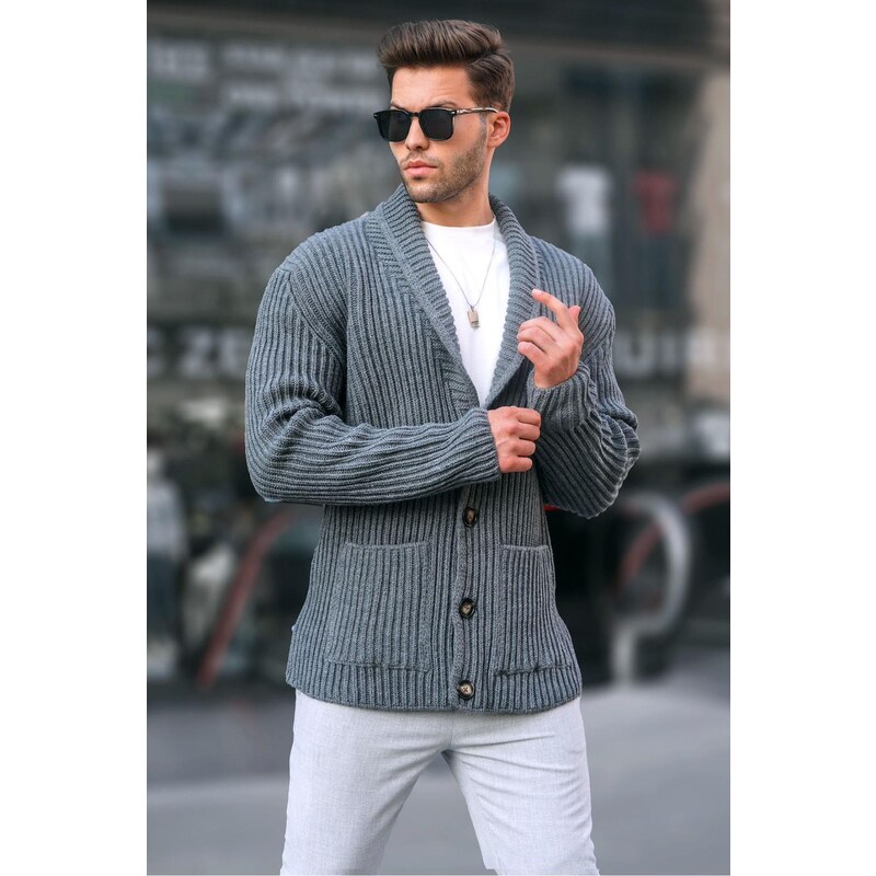 Madmext Anthracite High Neck Pocket Knitwear Cardigan 6815