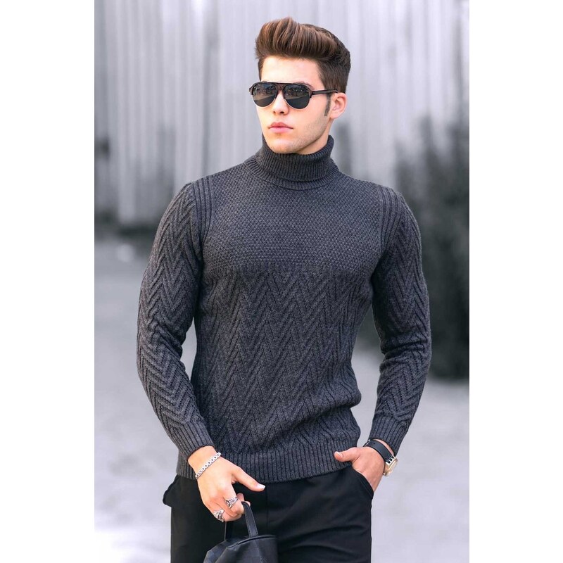 Madmext Anthracite Turtleneck Knitted Patterned Sweater 4655