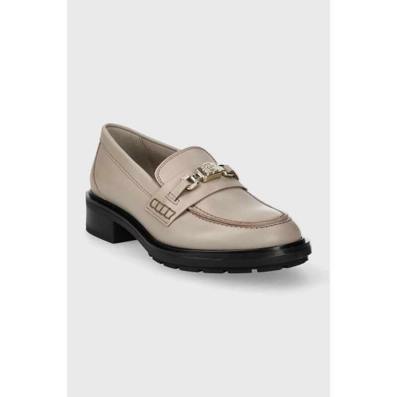 Kožené mokasíny Tommy Hilfiger TH HARDWARE LOAFER dámské, šedá barva, na plochém podpatku, FW0FW07765