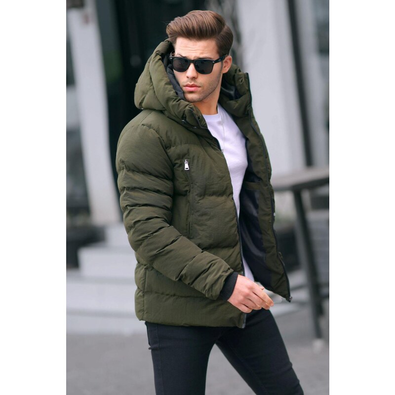 Madmext Khaki Men's High Neck Hooded Down Coat 6805