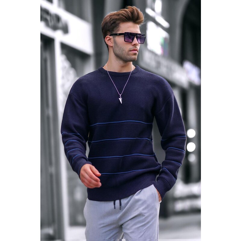 Madmext Navy Blue Crew Neck Knitted Sweater 6837