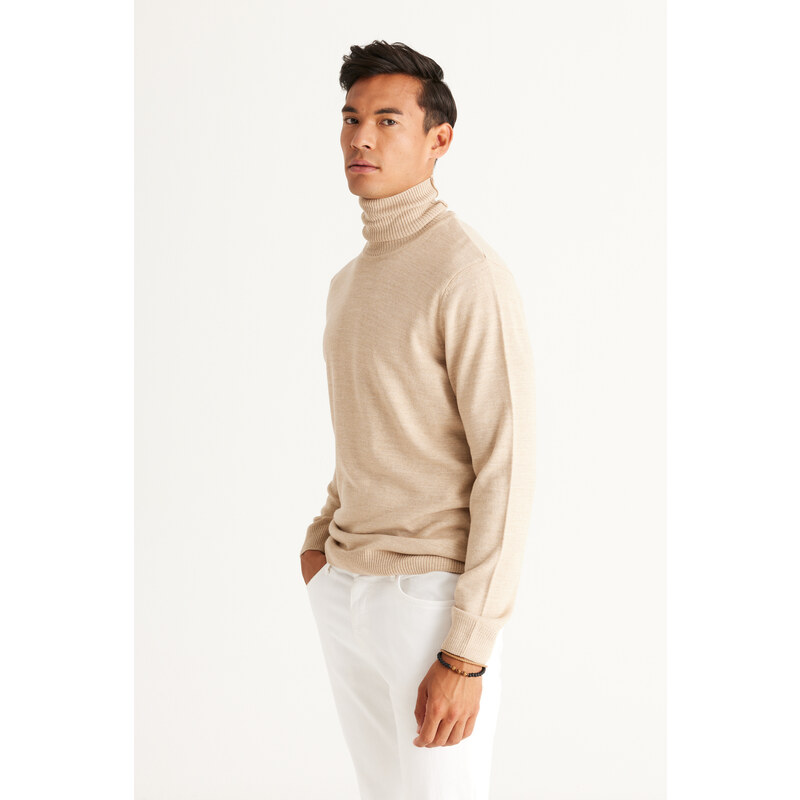 ALTINYILDIZ CLASSICS Men's Beige Standard Fit Normal Cut Anti-Pilling Full Turtleneck Knitwear Sweater.