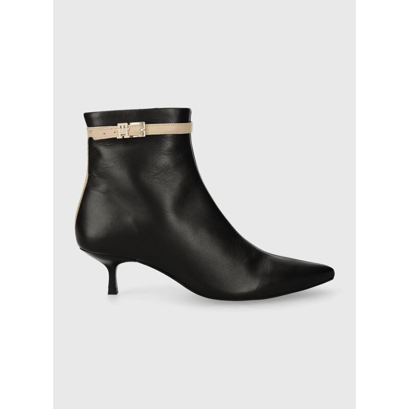 Kožené kotníkové boty Tommy Hilfiger LEATHER POINTED BOOT dámské, černá barva, na podpatku, FW0FW07680