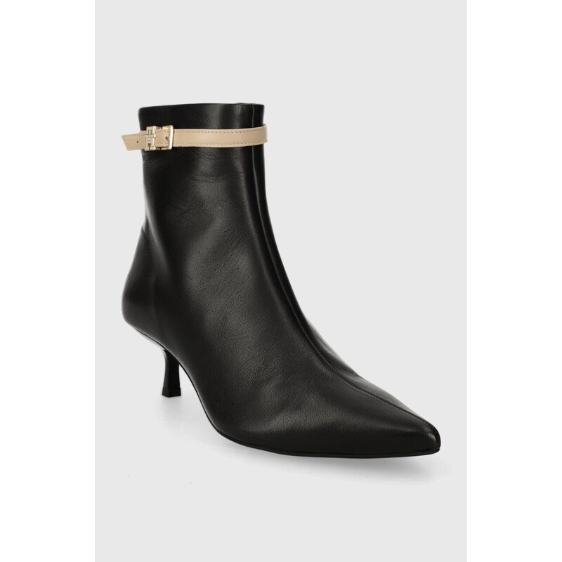 Kožené kotníkové boty Tommy Hilfiger LEATHER POINTED BOOT dámské, černá barva, na podpatku, FW0FW07680