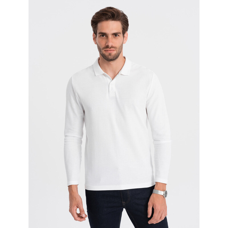 Ombre Clothing Pánské tričko s dlouhým rukávem a polo límcem - bílé V1 OM-POBL-0114