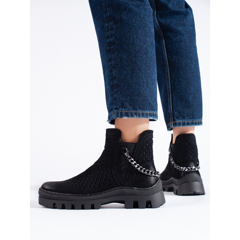 W. POTOCKI Jedinečné dámské černé kotníčkové boty na plochém podpatku