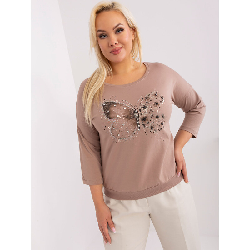 Fashionhunters Tmavě béžová halenka plus size s motýlem