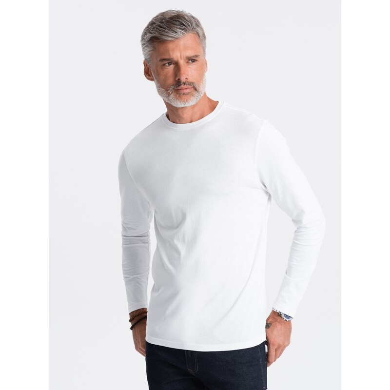 Ombre Clothing Pánské tričko BASIC s dlouhým rukávem a kulatým výstřihem - bílé V4 OM-LSBL-0106