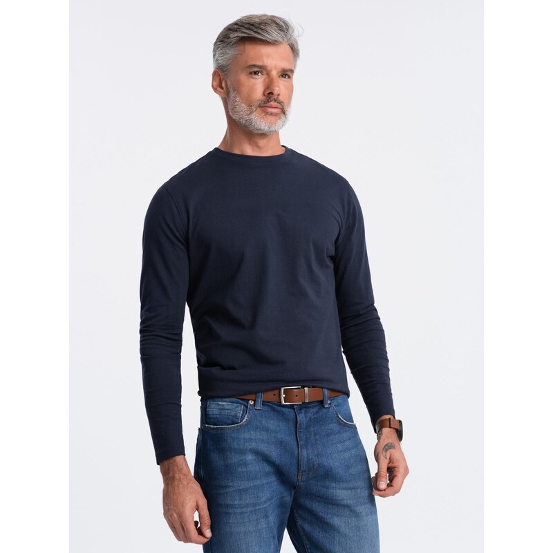 Ombre Clothing Pánské tričko BASIC s dlouhým rukávem a kulatým výstřihem - tmavě modré V2 OM-LSBL-0106