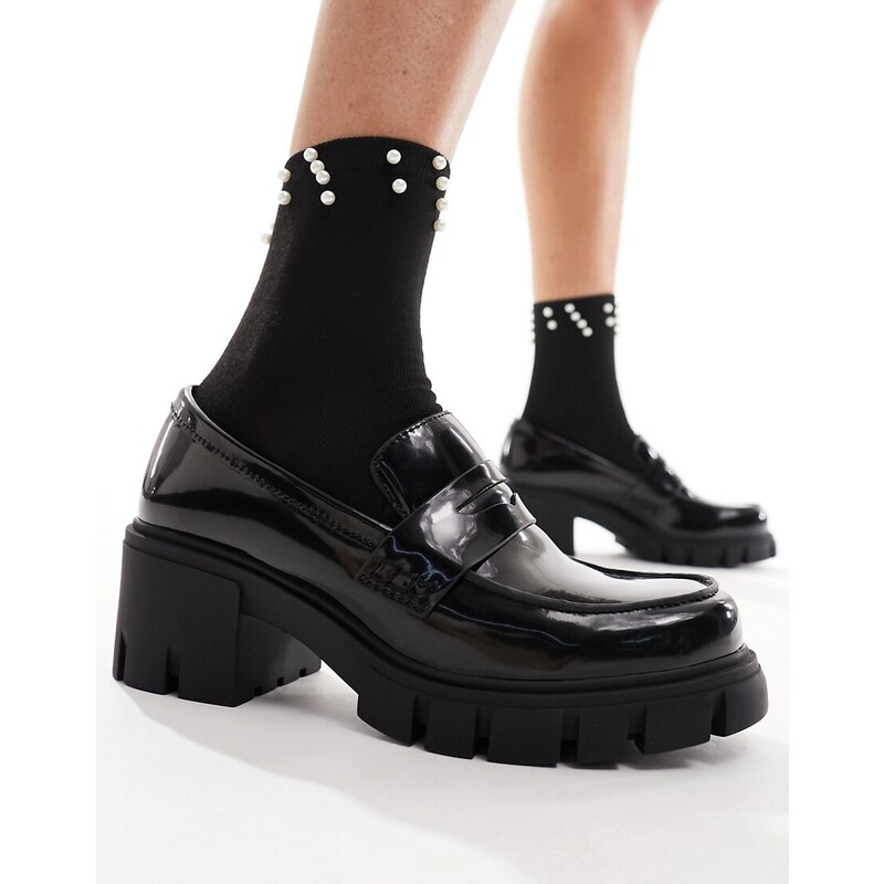 Pull&Bear patent heeled loafer shoe in black