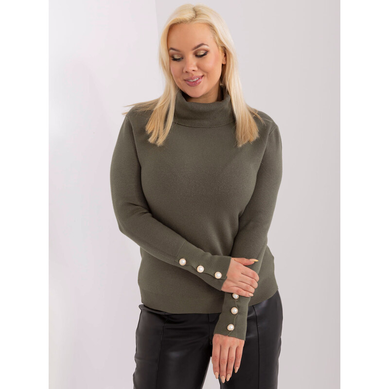 Fashionhunters Khaki dámský svetr s žebrovaným rolákem plus size