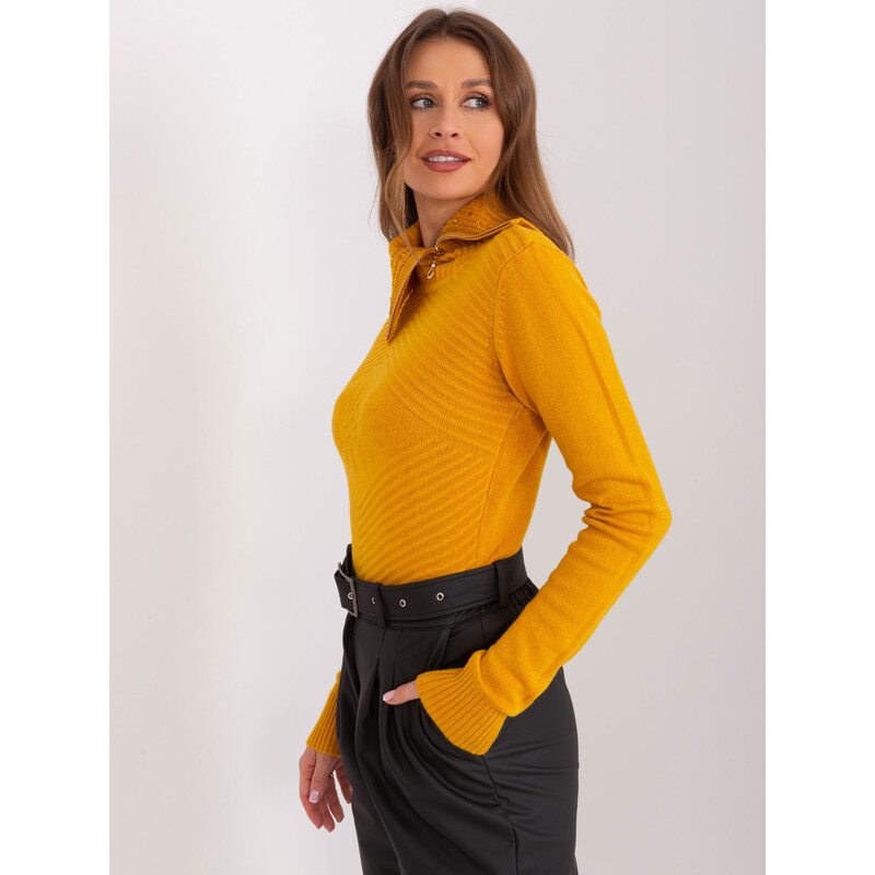 BASIC Hořčicový svetr s rolákem na zip -dark yellow Hořčicová