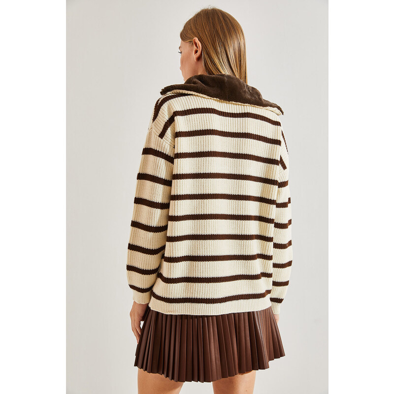 Bianco Lucci Women's Neck Shearling Fur Striped Zipper Knitwear Sweater