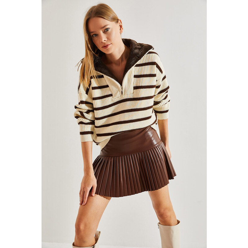 Bianco Lucci Women's Neck Shearling Fur Striped Zipper Knitwear Sweater