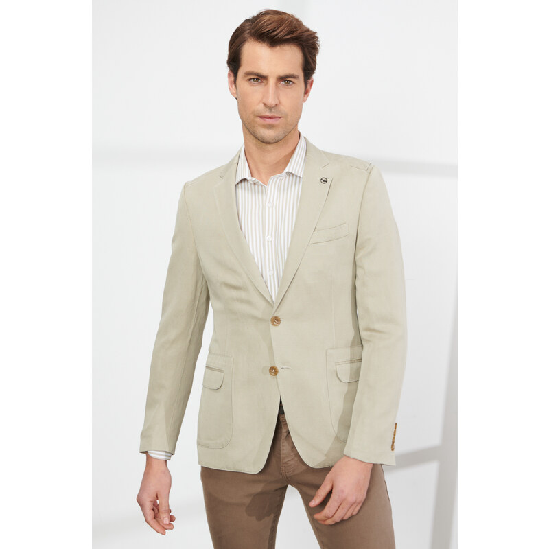 ALTINYILDIZ CLASSICS Men's Beige Slim Fit Slim Fit Mono Collar Patterned Linen Blazer Jacket