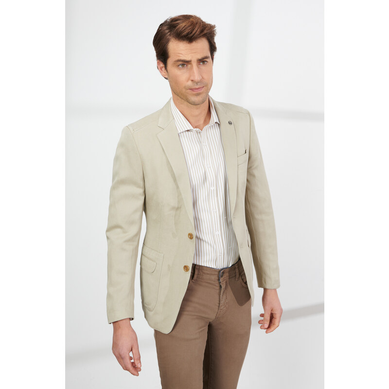 ALTINYILDIZ CLASSICS Men's Beige Slim Fit Slim Fit Mono Collar Patterned Linen Blazer Jacket