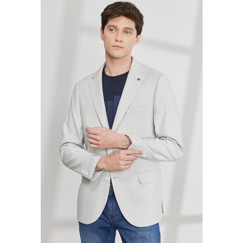 ALTINYILDIZ CLASSICS Men's Light Gray Slim Fit Slim Fit Mono Collar Dobby Blazer Jacket