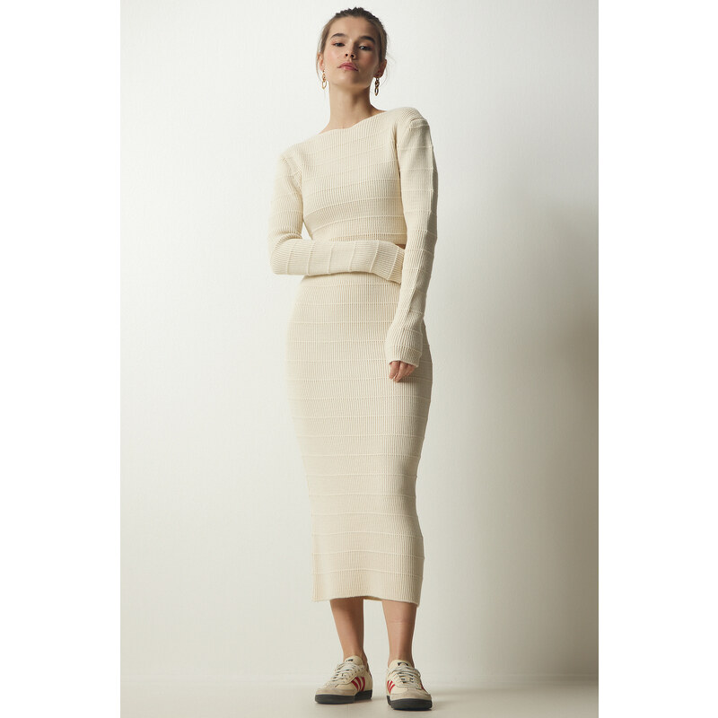 Happiness İstanbul Women's Cream Ribbed Crop Knitwear Sweater Skirt Suit