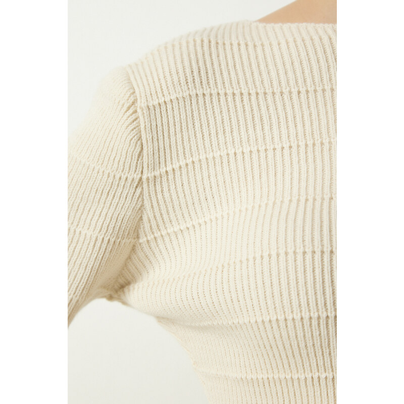 Happiness İstanbul Women's Cream Ribbed Crop Knitwear Sweater Skirt Suit