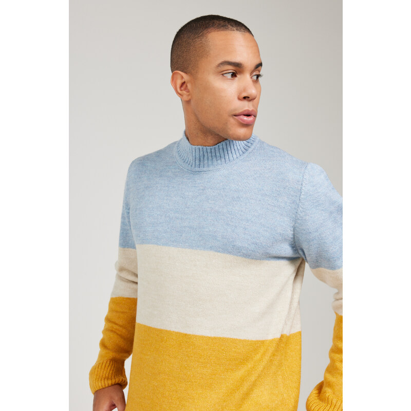 AC&Co / Altınyıldız Classics Men's Blue-mustard Standard Fit Regular Cut Half Turtleneck Raised Soft Textured Knitwear Sweater