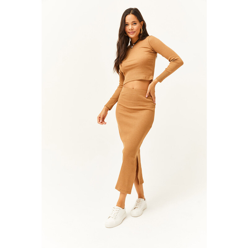 Olalook Women Camel Crew Neck Blouse Slit Skirt Lycra Suit