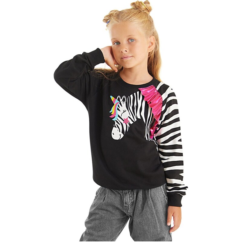 Denokids Frilled Zebra Girls Black Sweatshirt