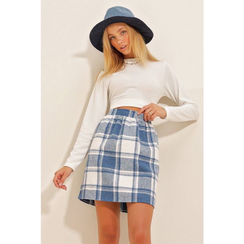 Trend Alaçatı Stili Women's Blue Elastic Waist Cachet Mini Skirt